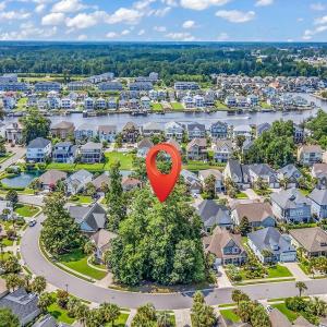 Aerial perspective of suburban area with a large b