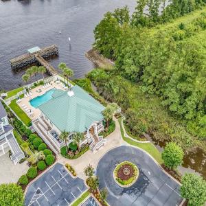 Drone / aerial view of a large body of water and a