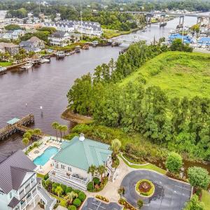 Aerial view of a nearby body of water and a notabl