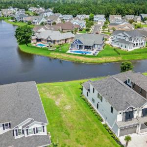 Aerial perspective of suburban area with a large b