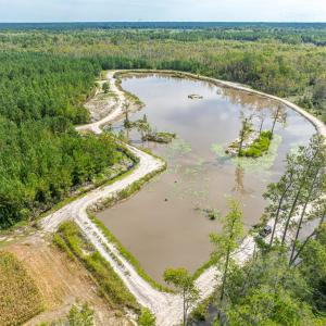 Aerial view of a heavily wooded area and a nearby
