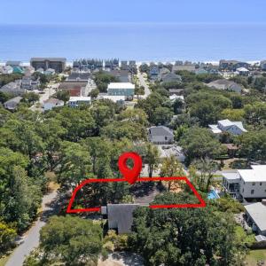 Aerial perspective of suburban area with property