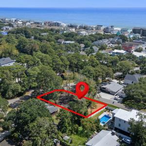 Aerial view of residential area with property boun