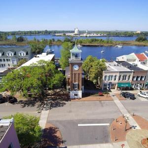 Aerial view of a nearby body of water