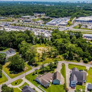 Aerial perspective of suburban area with a tree fi