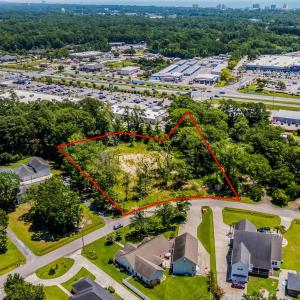 Aerial perspective of suburban area with a tree fi