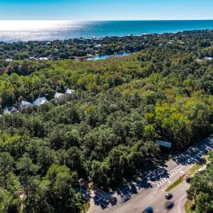 Bird's eye view of a heavily wooded area and a lar