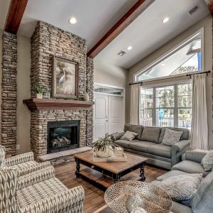 Dining room with beam ceiling, french doors, high