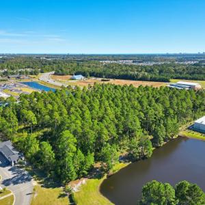 Drone / aerial view of a nearby body of water and