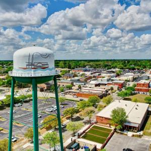 Aerial view of a commercial area