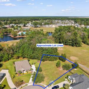 Aerial view of residential area with a large body
