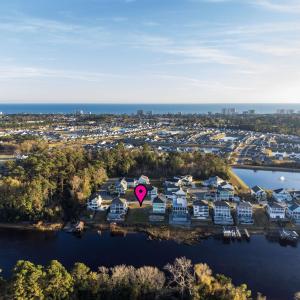 Aerial view of residential area featuring a large