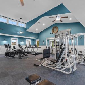 Workout area with a wainscoted wall, a ceiling fan