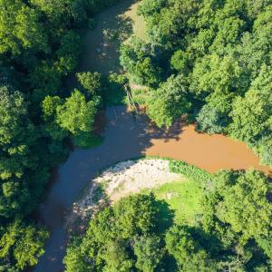 Aerial view of riverbend & sandbar