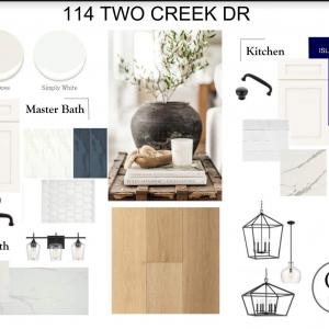 Design Board for 114 Two Creek. This design board represents the basis of design from a color scheme and overall design standpoint. Individual products may change within the design board based on product availability. Sundance Design Build reserves the right to make these changes internally as they are deemed necessary to maintain the project schedule.