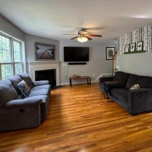 The Living room is at the back of the house with a bank of bright windows. It has a gas fireplace.