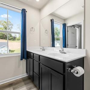 Primary suite bath double vanity, espresso cabinetry
