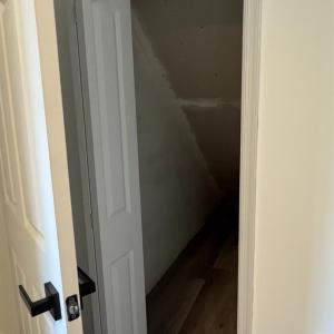 Nice that the seller made the space under the stairs accessible for a great closet!