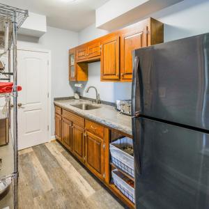 Terrace level kitchen with cherry cabinets, poured concrete counter  top, and huge pantry closet