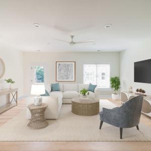 Living room with door to exterior patio.  Similar to photos.