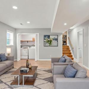 This virtual staging shows the basement as a family room/den