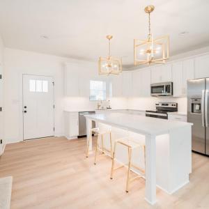 Open kitchen with 6 ft island, under cabinet lighting, white shaker cabinets and quartz countertops.  Similar to photos.
