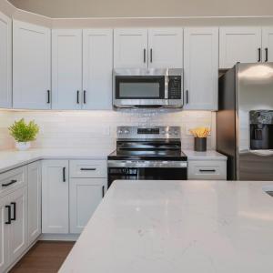 Custom kitchen with quartz counters, tile backsplash, all stainless applicants includes. Finishes may not be exact, but will be similar.