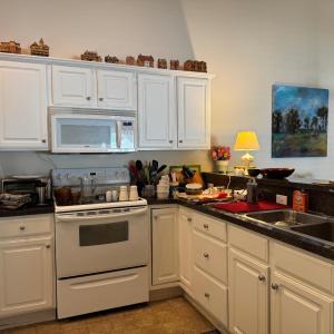 The kitchen layout is spacious and well equipped. Refrigerator, microwave, electric stove and D/W convey. This is on the other side of the Dining Room area.