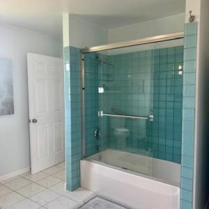 Primary bath with seagrass tile.
