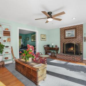 Den with wood burning fireplace