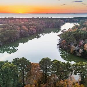 Aerial of lake Allure at sunset