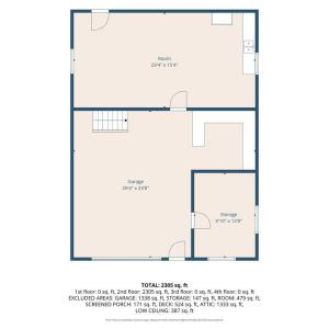 Detached garage with finished office space, workshop, and large back room with a sink.