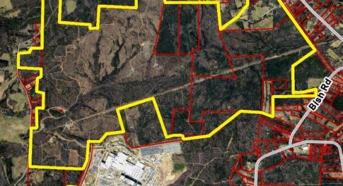Aerial view of land boundaries and roads