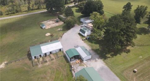 Aerial of house and barns