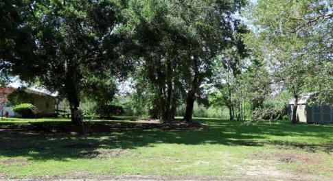 View of grassy yard featuring a storage unit and a