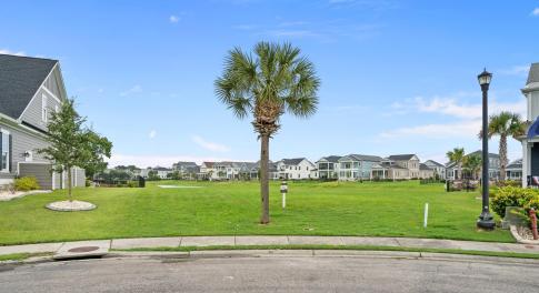 View of green lawn with a residential view