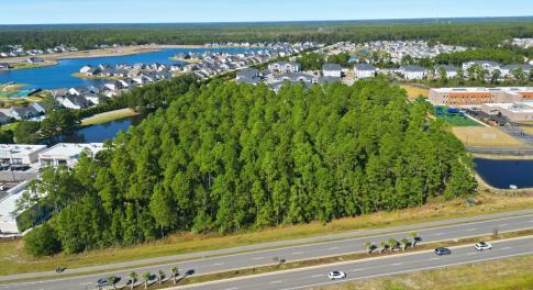 Aerial view of residential area featuring a large